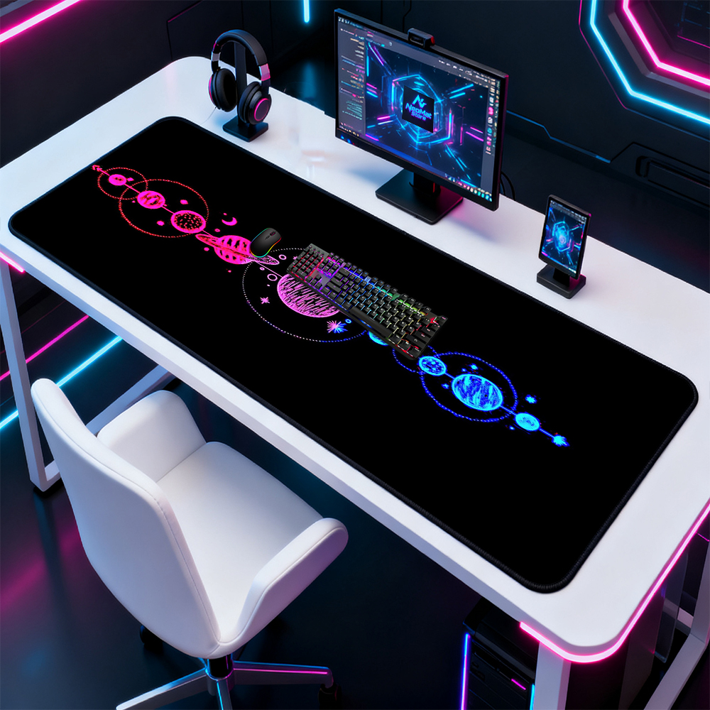 Desk Setup Pink - Neon Galaxy Mouse Pad Extended Gaming