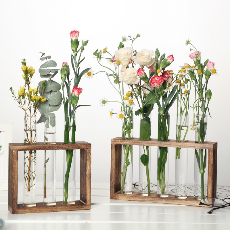 Desk Setup Wood - 5-Tube Glass Hydroponic Planter with Wooden